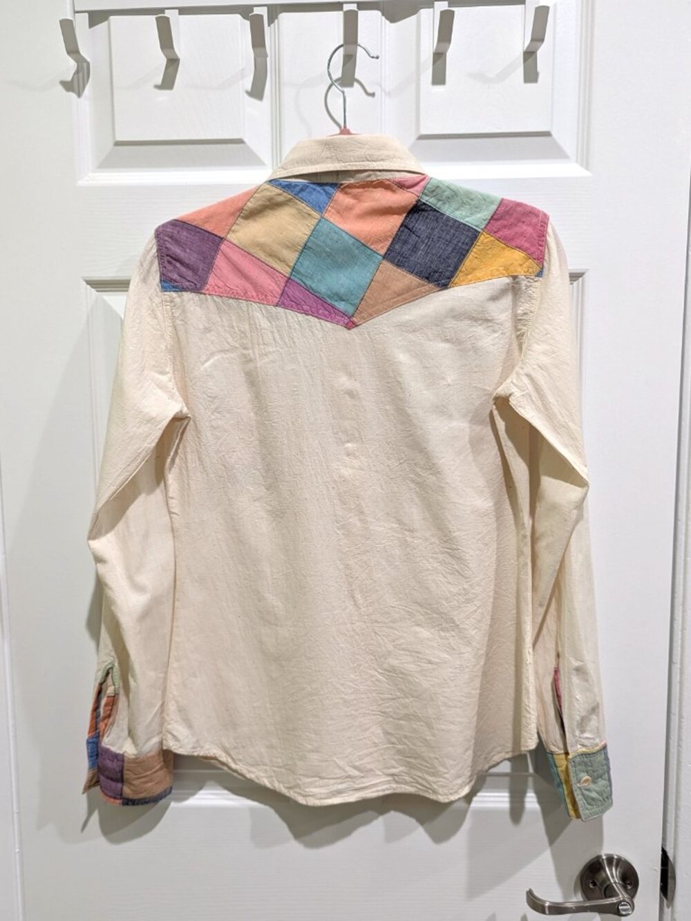 Women's Cream Casual Button-Down Shirt with Multicolor Patchwork - Picture 2 of 8